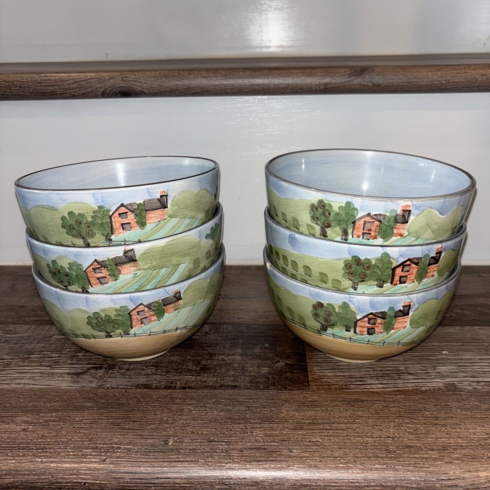 6 Salute Ceramic Vintage Hand painted Barn Scene 5.25"